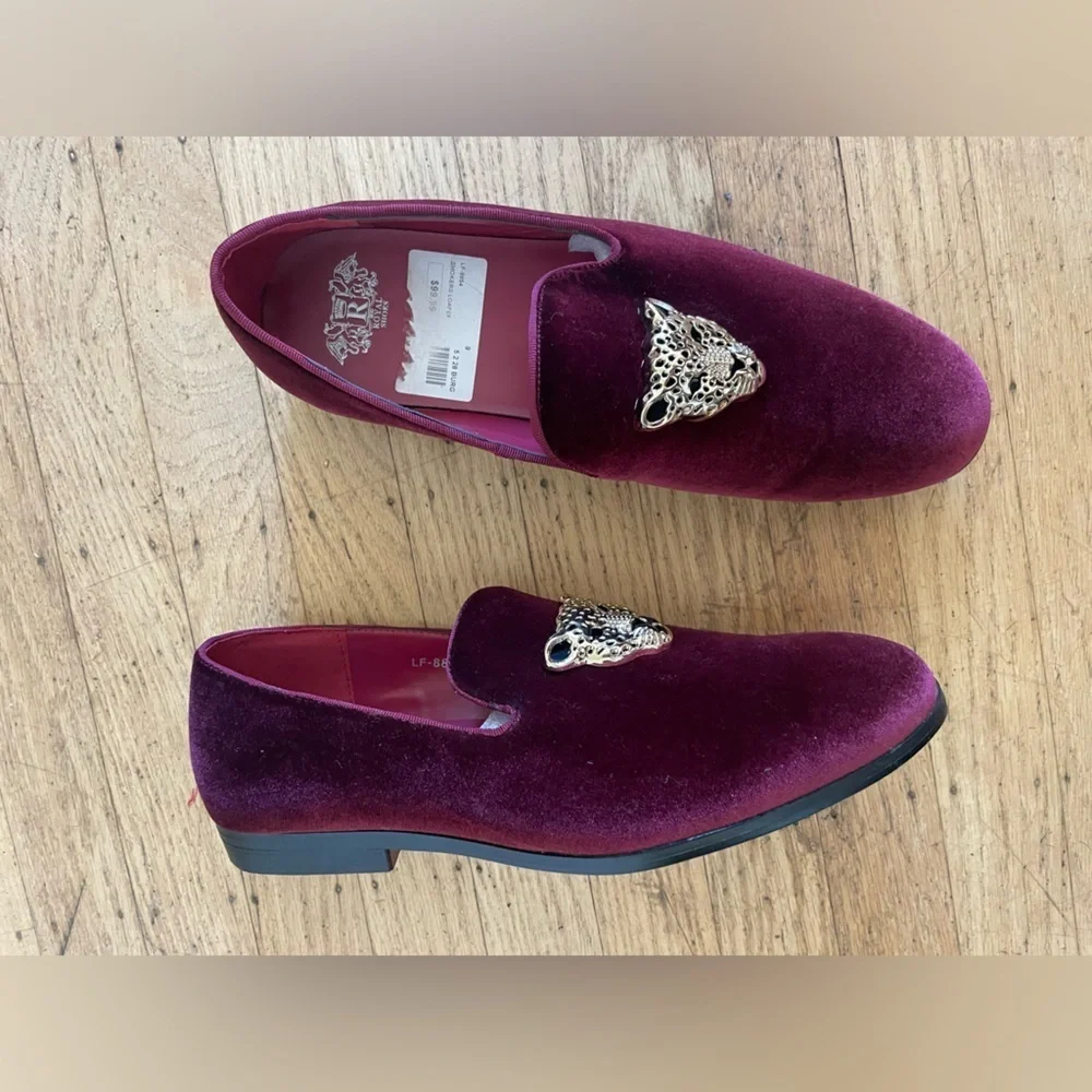 Burgundy Velvet Loafers with Leopard Accent